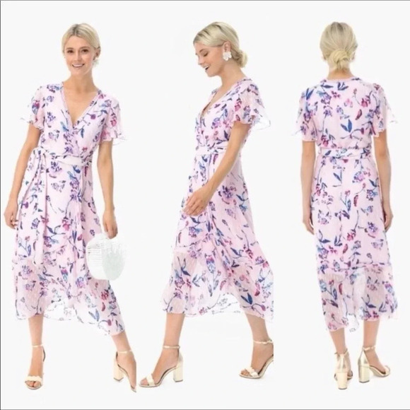 Tanya Taylor Blaire Pink Floral Silk Ruffle MIDI Dress Faux Wrap Flowers 2 - Picture 3 of 12